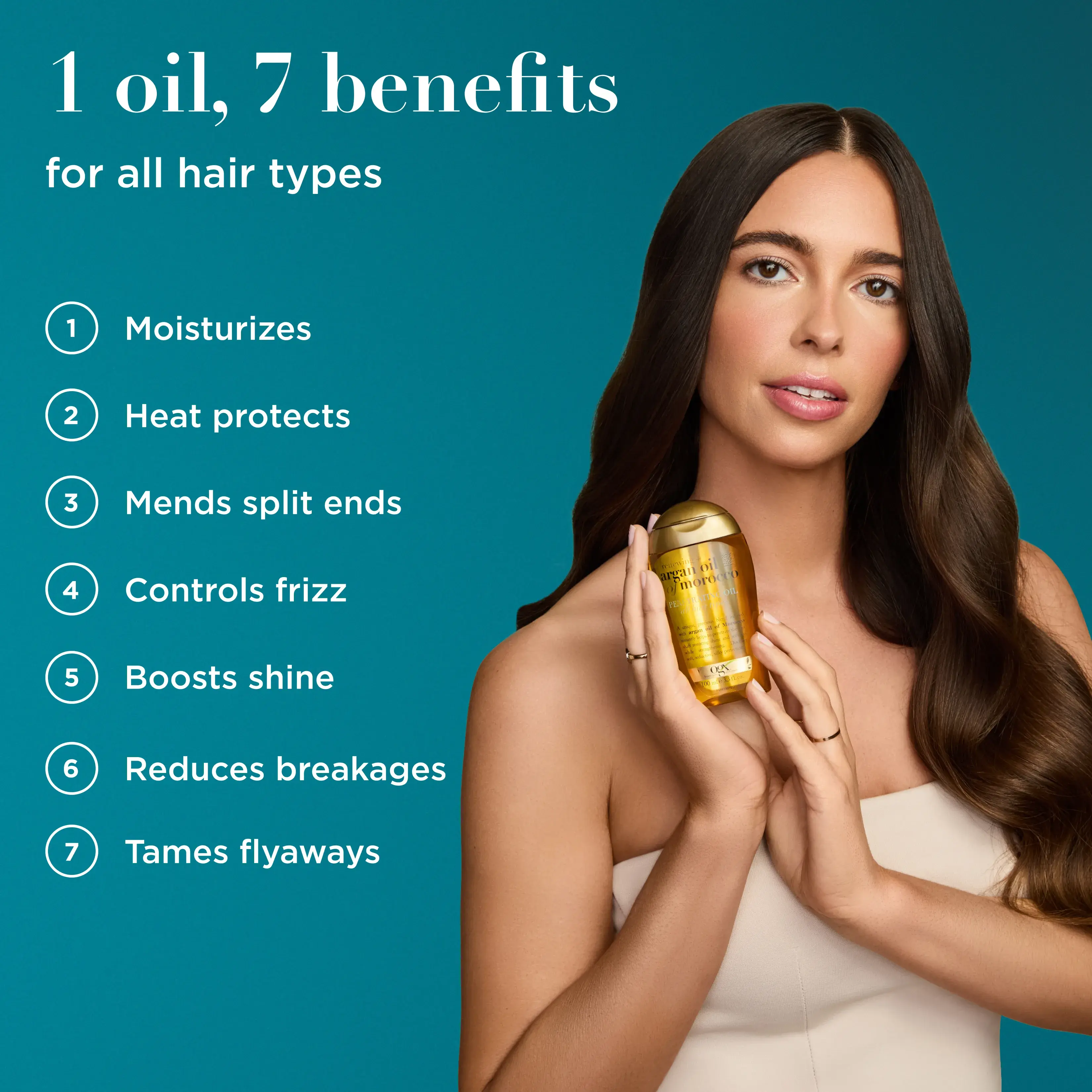 OGX® Renewing + Argan Oil of Morocco Penetrating Oil talent showcasing product with benefits: one oil, 7 benefits for all hair types. 