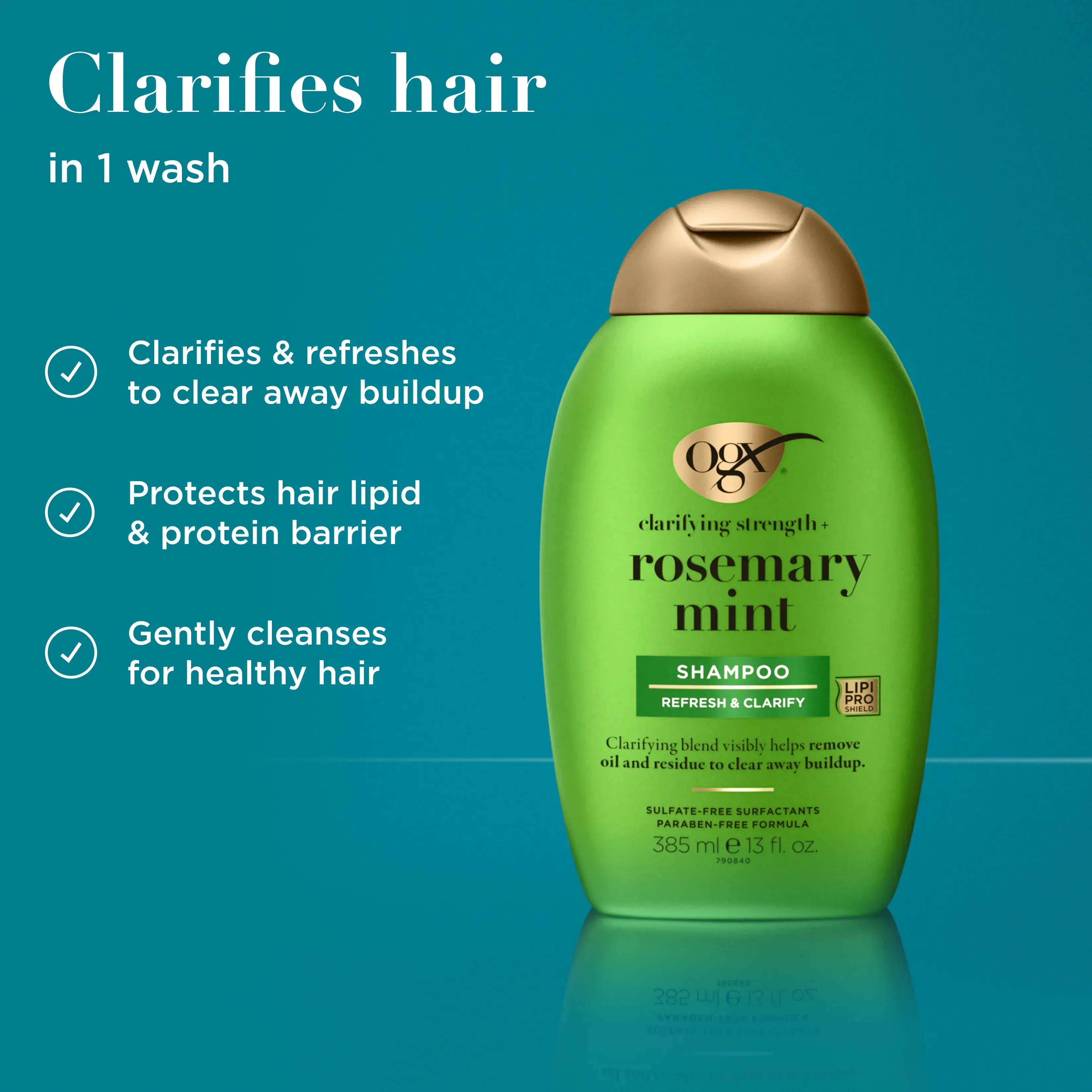 Clarifies hair in 1 wash. Clarifies & refreshes to clear away buildup, protects hair lipid & protein barrier, cleanses for healthy hair.