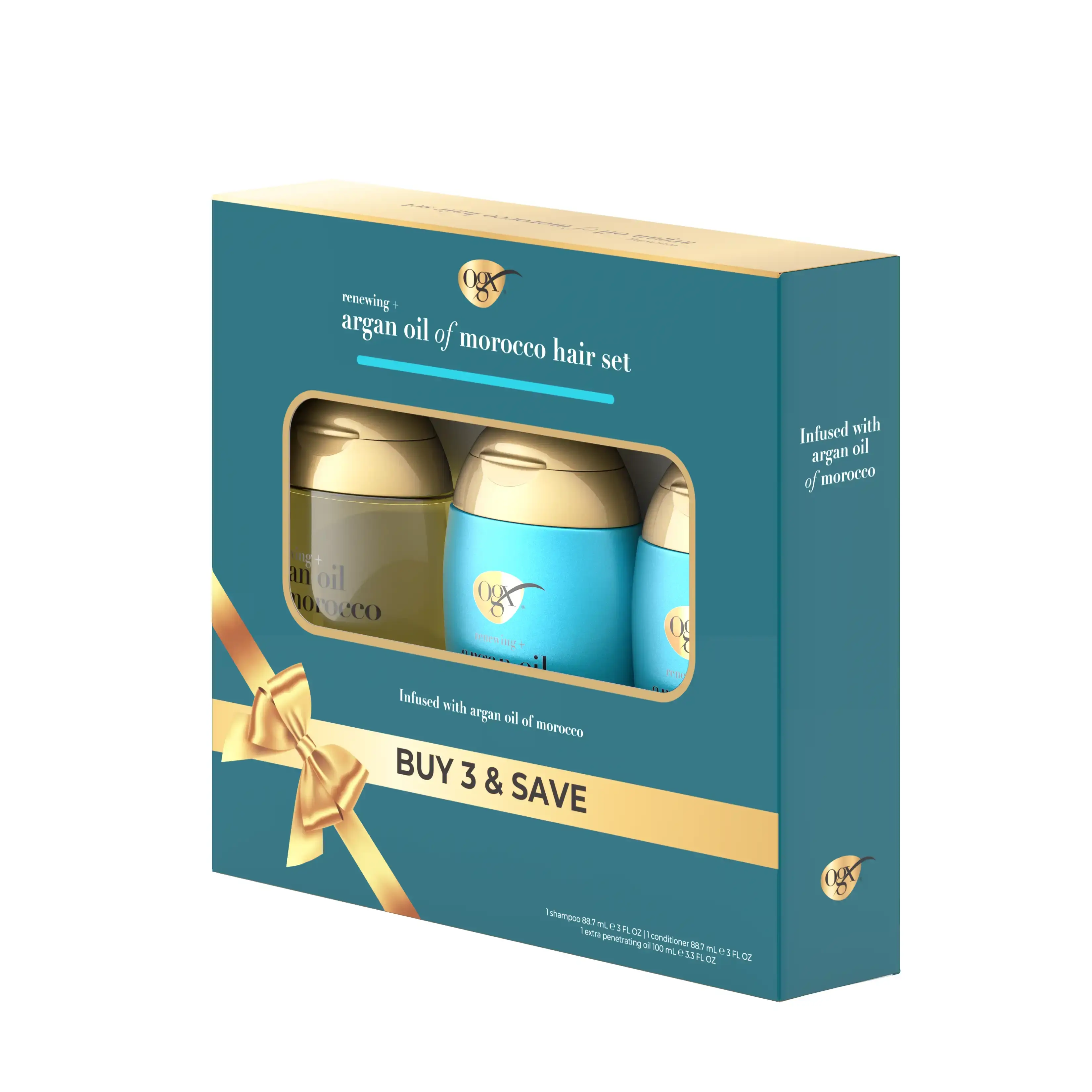 OGX® Argan Oil of Morocco travel size set box angled front right showing three mini bottles