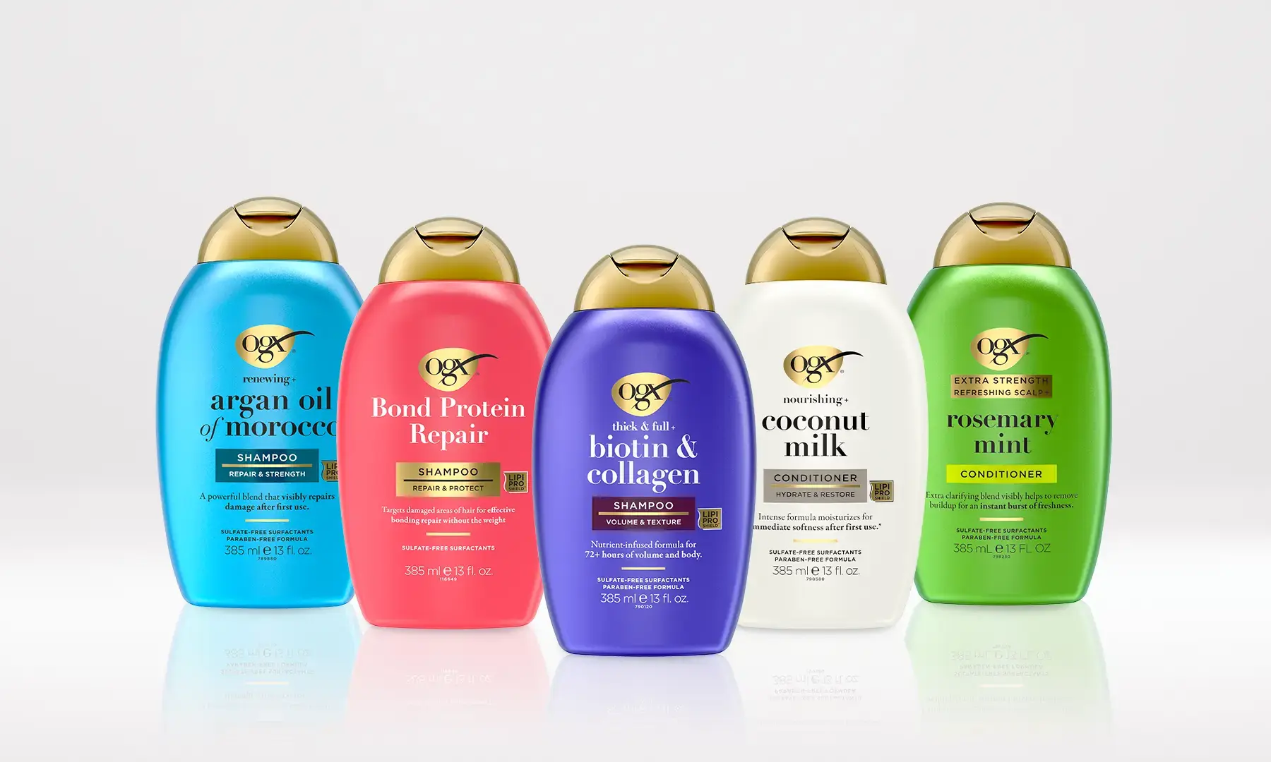 Image displaying assorted OGX® Beauty shampoos and conditioners