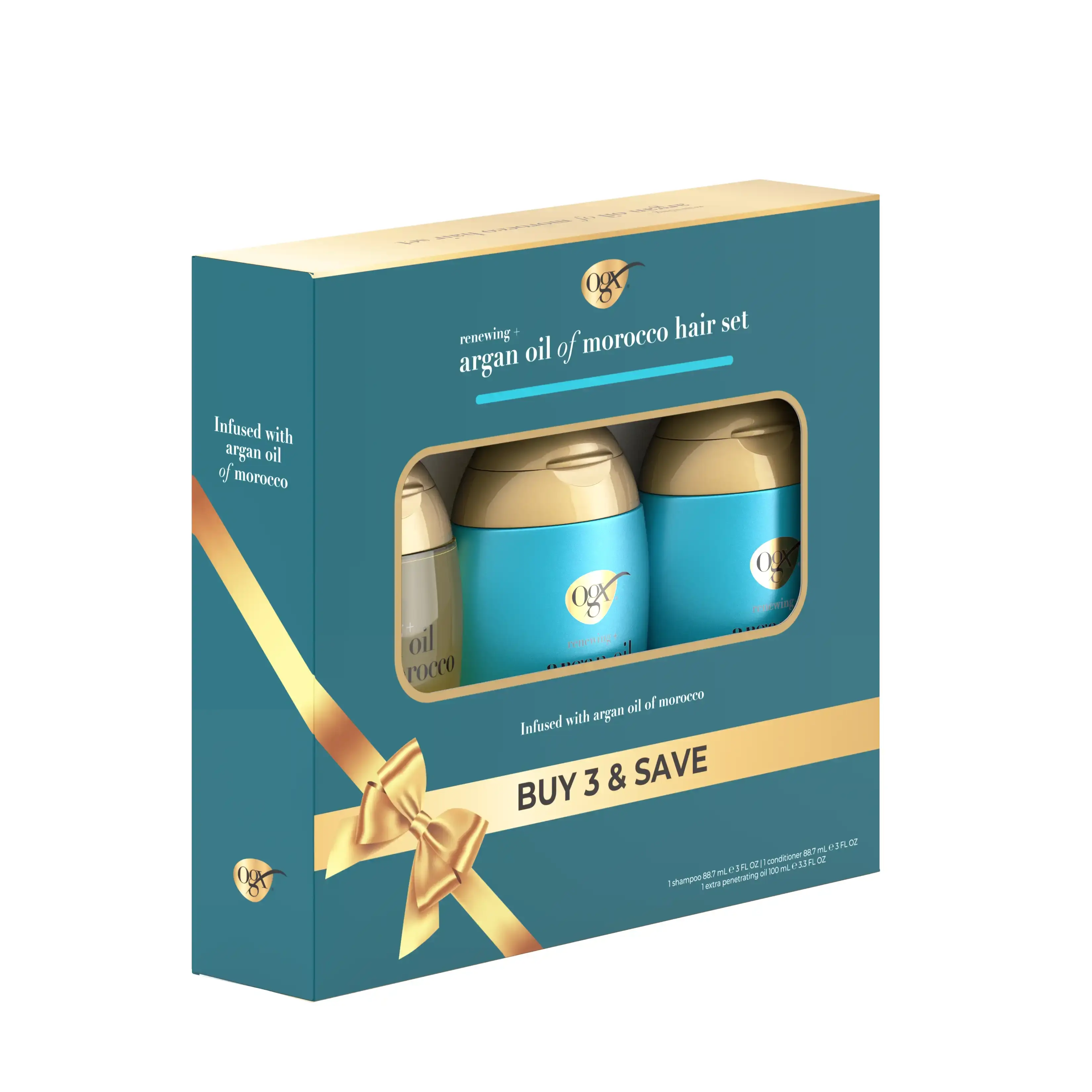 OGX® Argan Oil of Morocco travel size set box angled front left with buy 3 and save ribbon