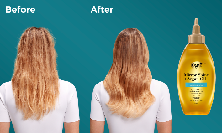 Before and After with Mirror Shine + Argan Oil Pre-Wash Gloss