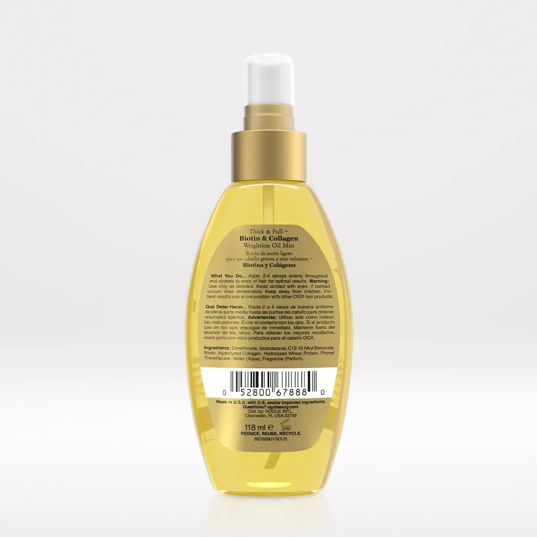 Biotin & Collagen Weightless Oil Mist Back of Packaging