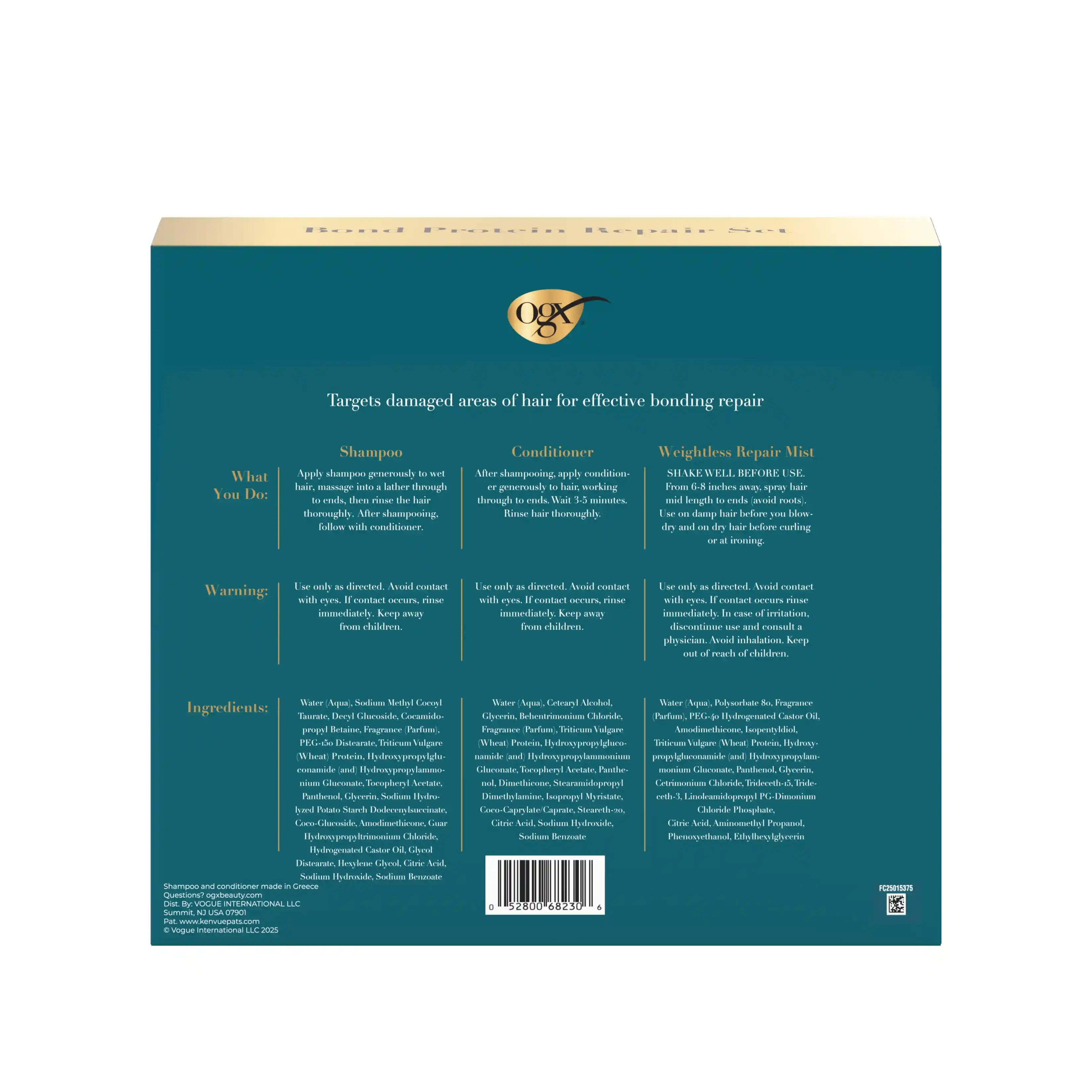 OGX® Bond Protein Repair Hair Care Set, 3 items - Back of Pack