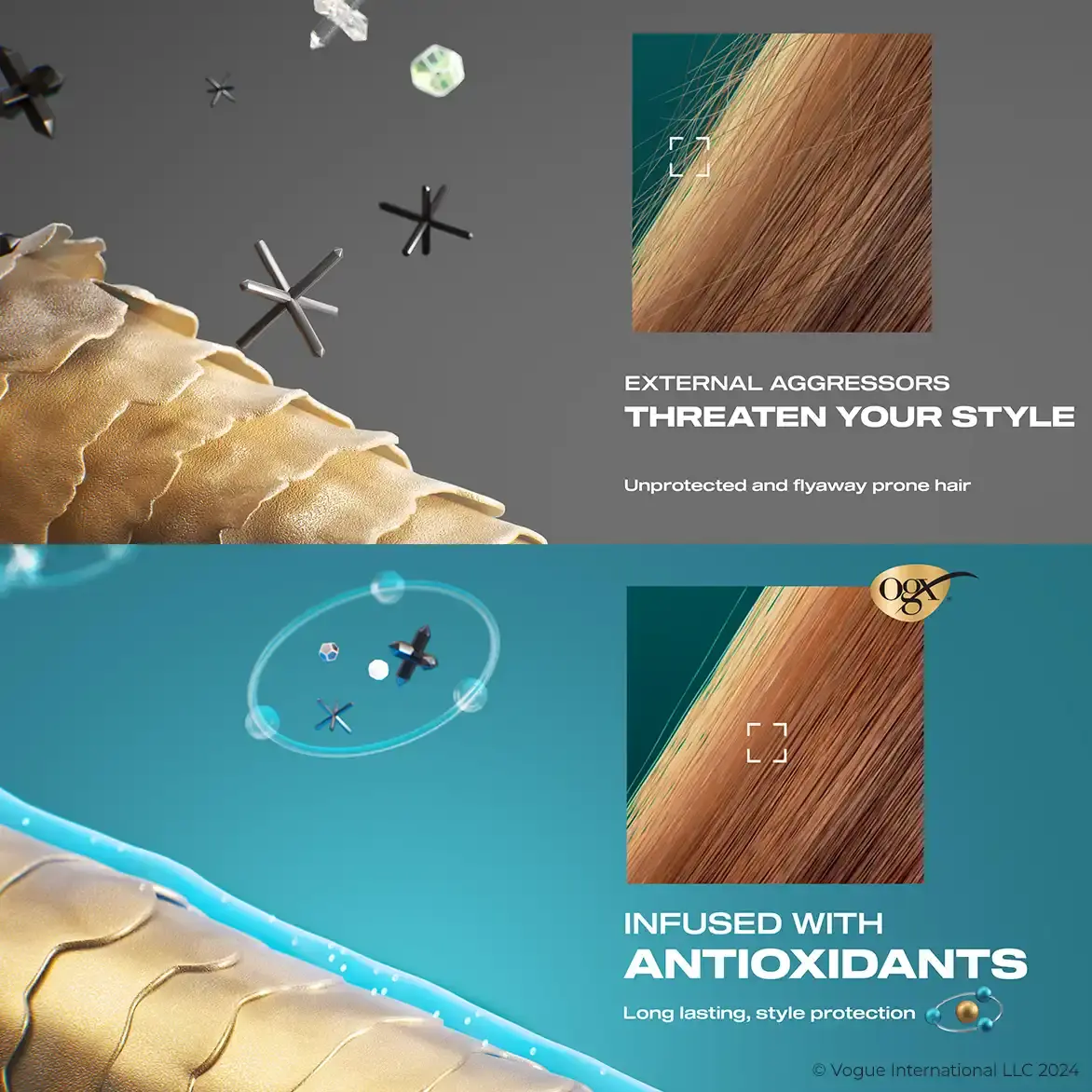 Image displaying the long lasting protection effects of OGX® Style Finishers infused with antioxidants on hair follicles against external aggressors