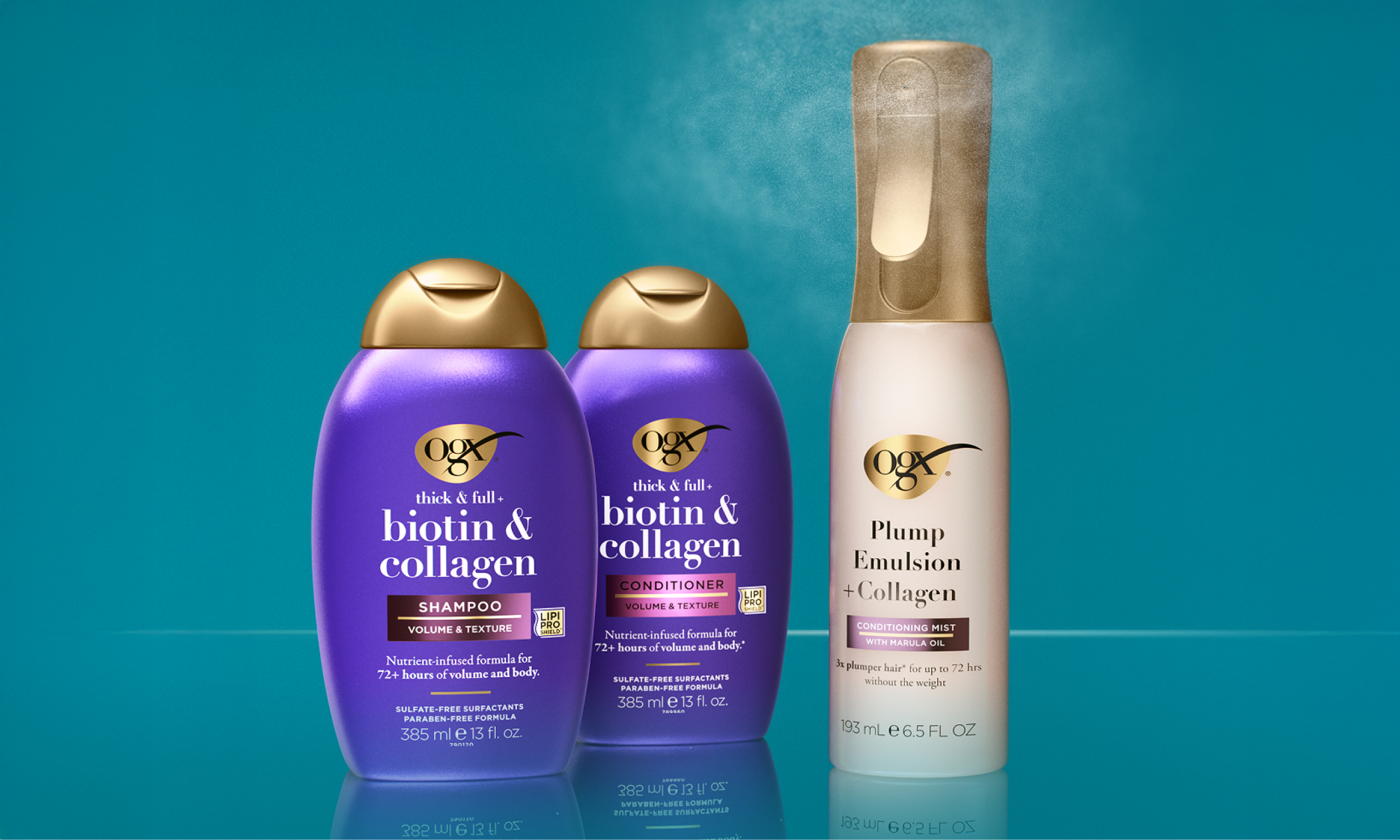 The plump routine for fine to medium hair: 1 cleanse with biotin & collagen shampoo, 2 condition with biotin & collagen conditioner, 3 treat and style with Smooth Emulsion + Collagen Conditioning Mist