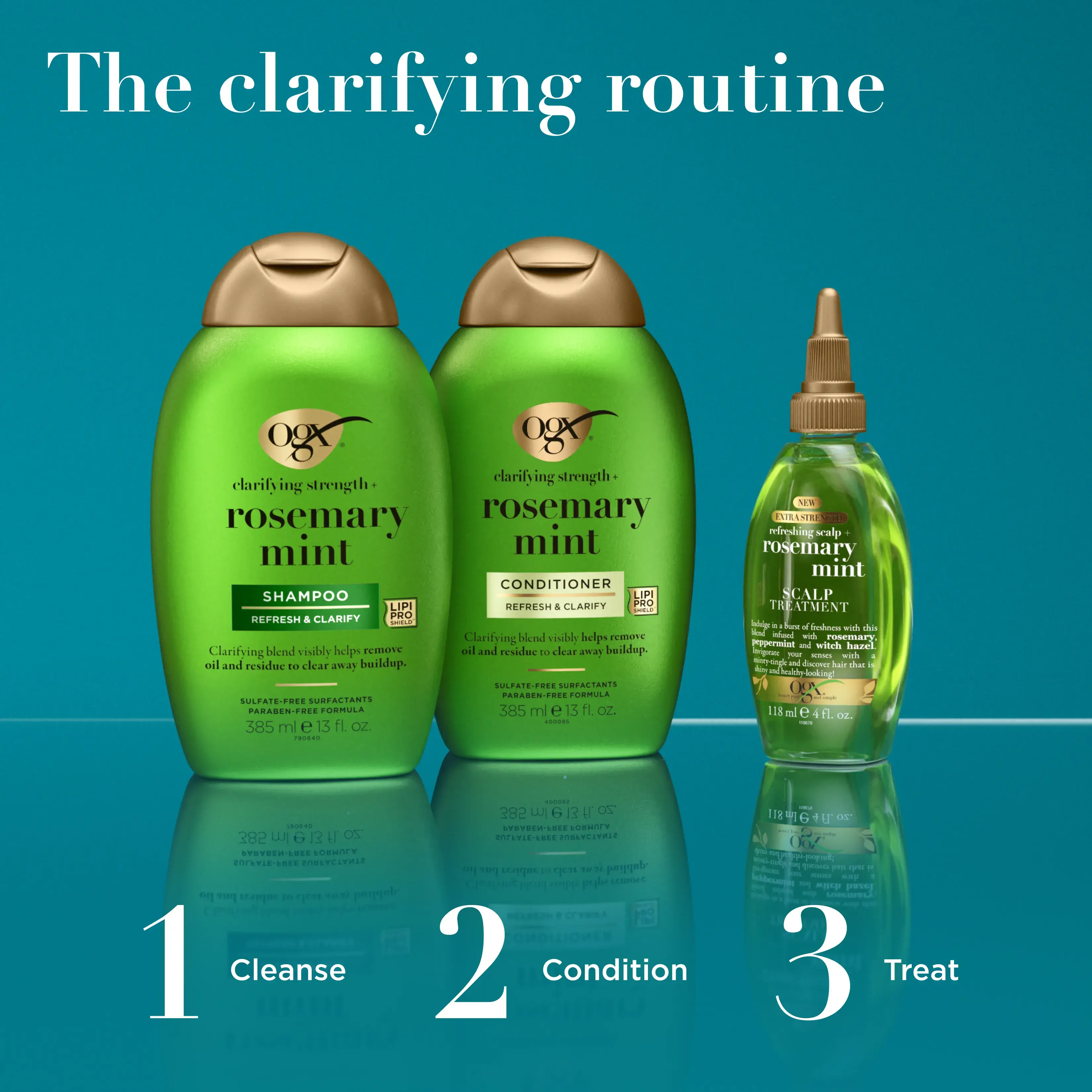 The Clarifying Routine: 1 Cleanse with rosemary mint shampoo 2 condition with rosemary mint conditioner 3 treat with Rosemary Mint Extra Strength Scalp Treatment