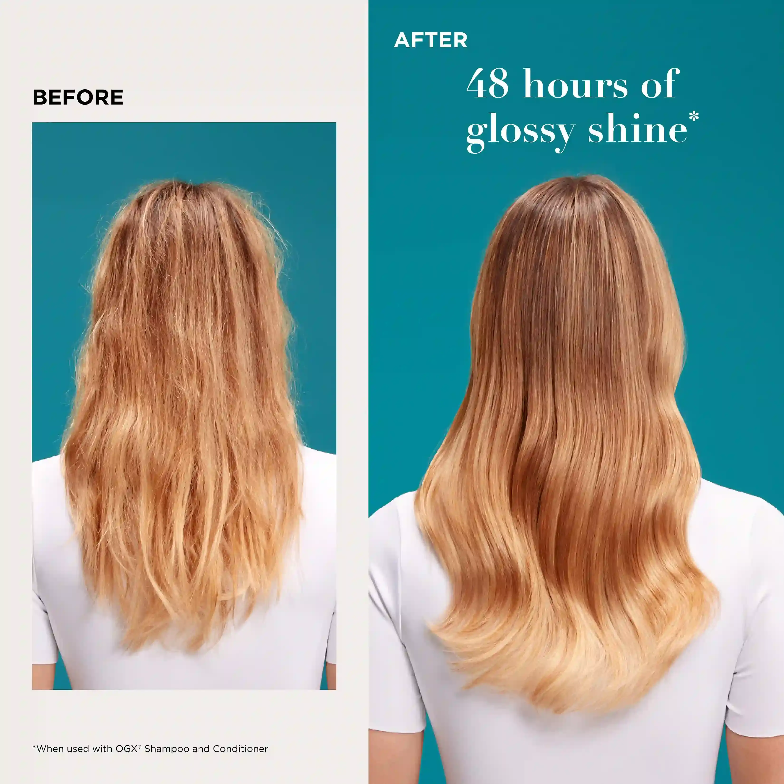 Before and After image displaying woman with 48 hours of glossy shine