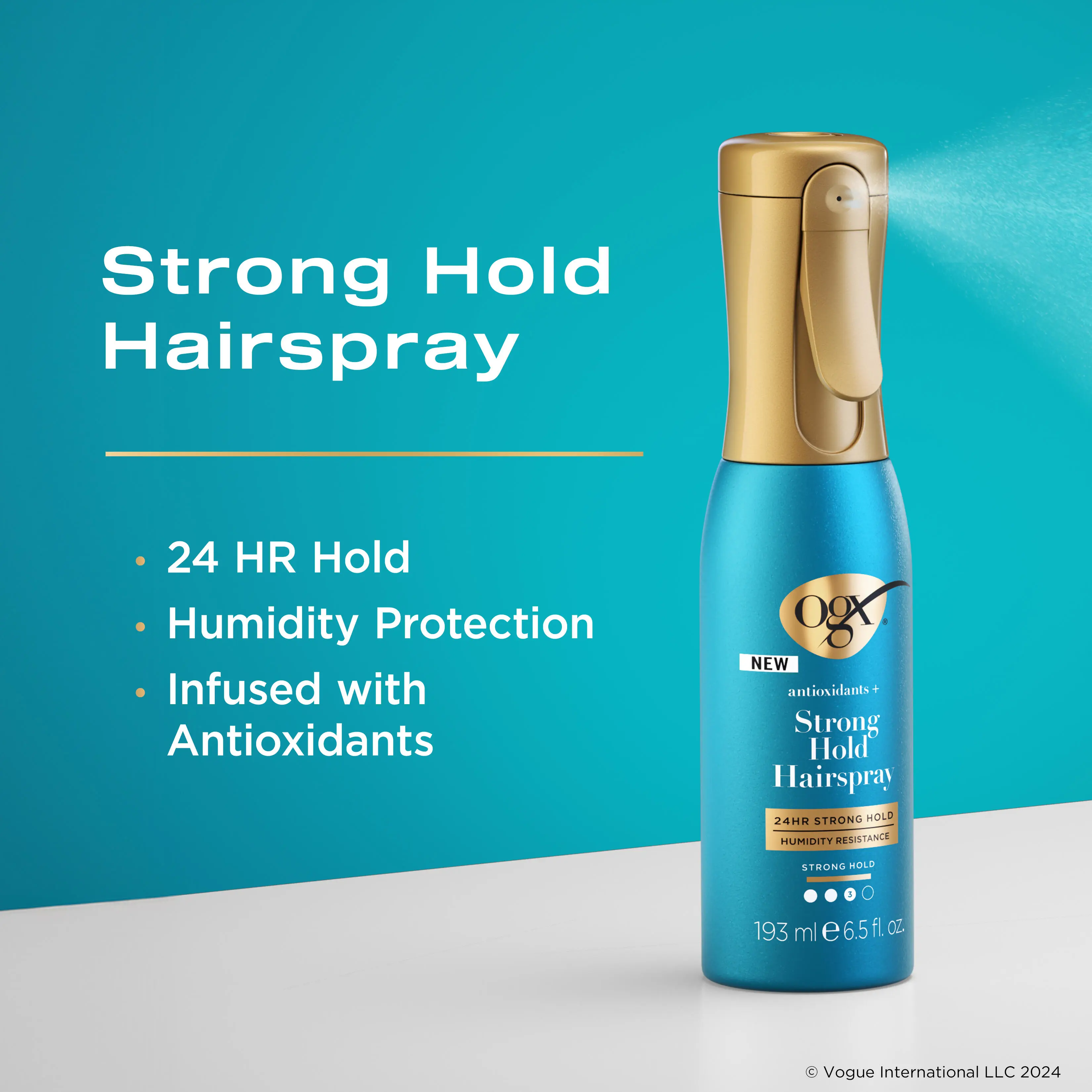 Strong Hold Hairspray Product Benefits: 24 hour hold, humidity protection, and infused with oxidants