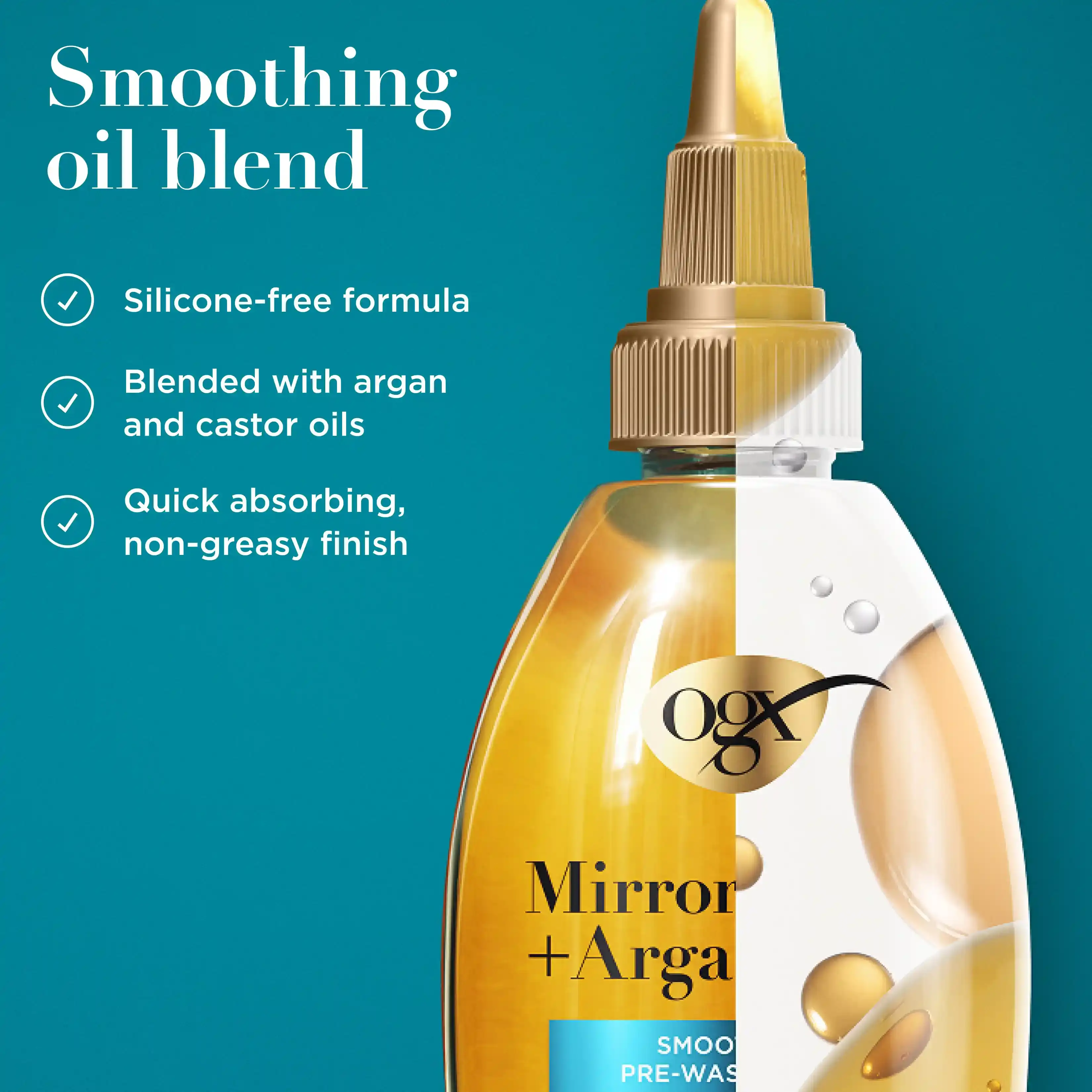 smoothing oil blend. silicone-free formula, blended with argan and castor oils, quick absorbing non-greasy finish