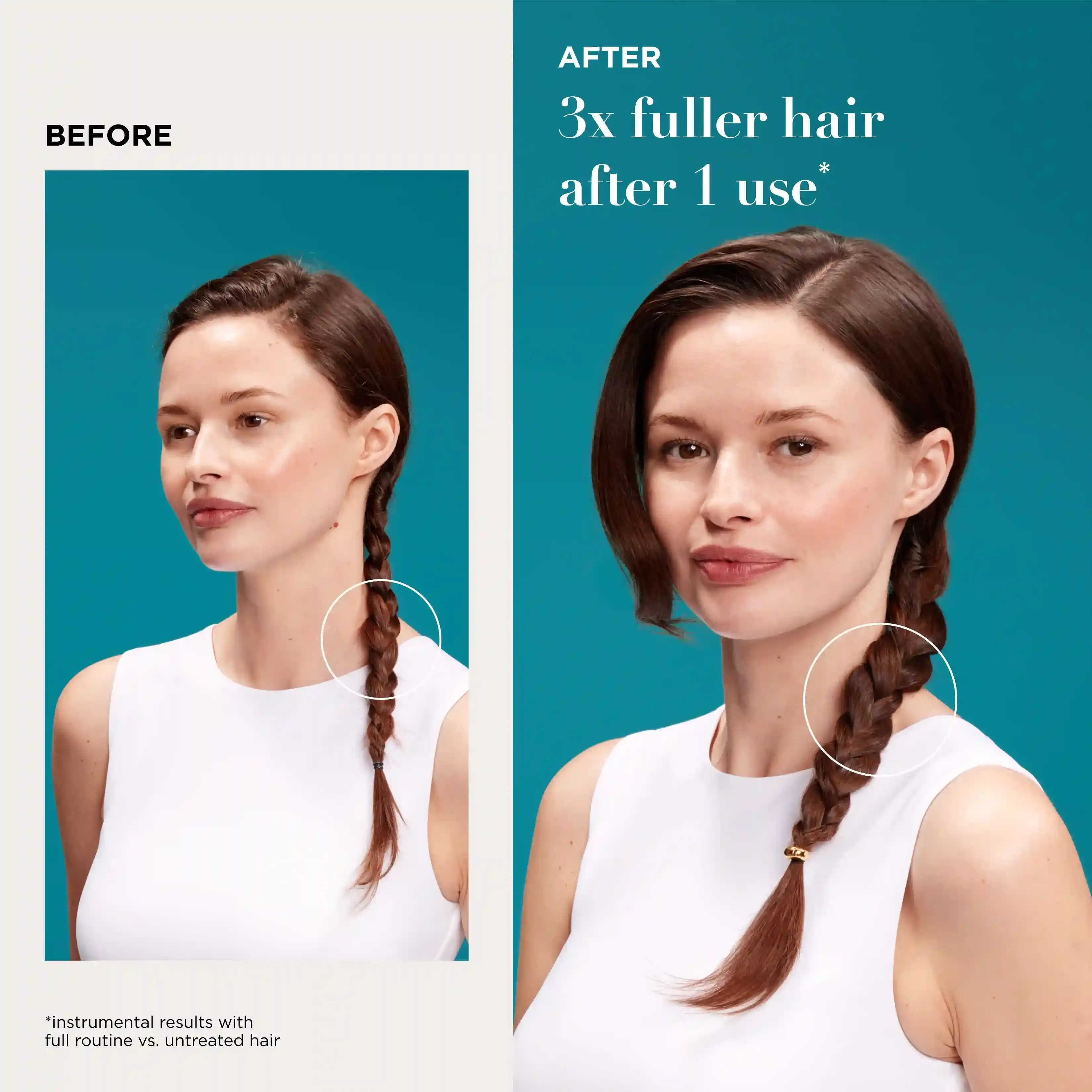 Before and After image displaying woman with 3x fuller hair after 1 use