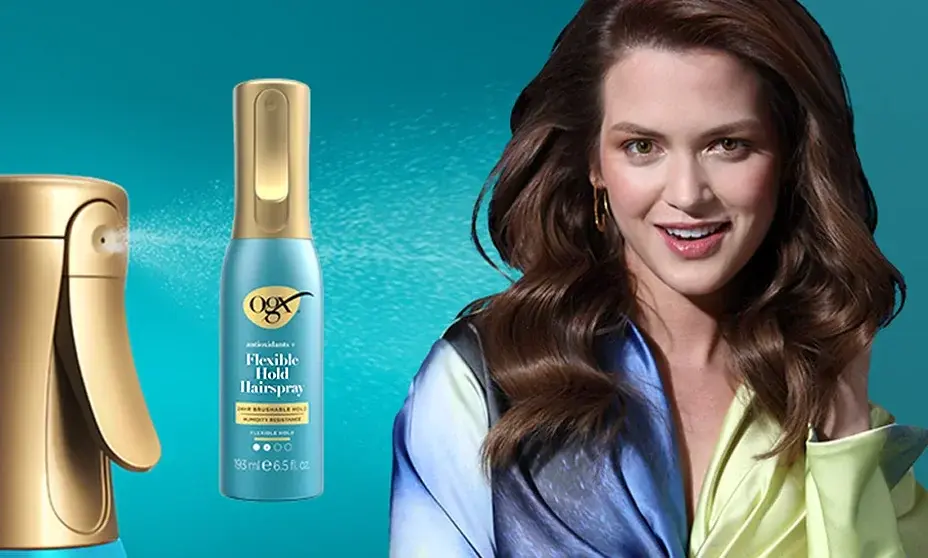 Woman using OGX® Flexible Hold Hairspray and front of packaging