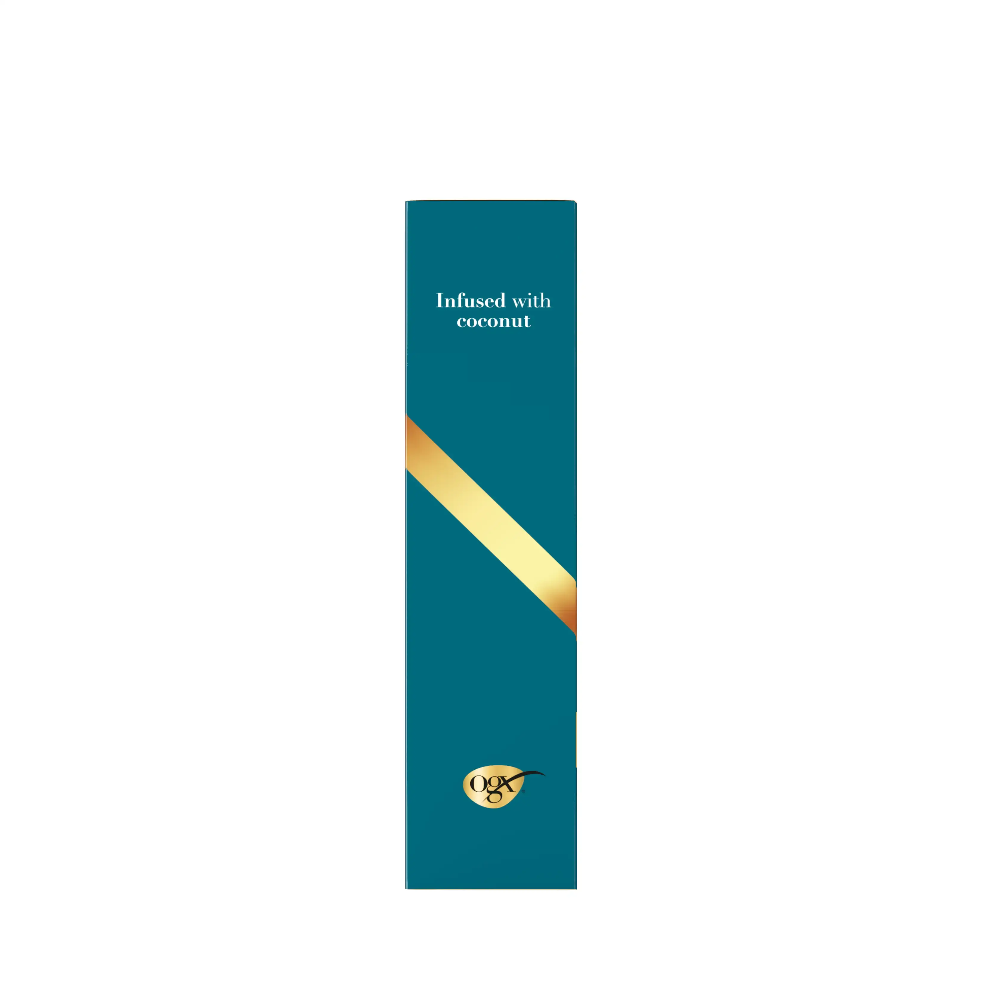 OGX® Infused with coconut teal packaging with gold diagonal stripe and brand logo