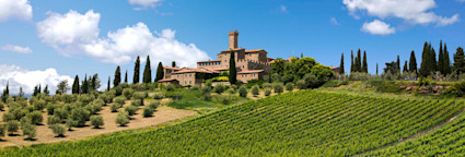 Strahlend blauer Himmer beim Weingut Castello Banfi in der Toskana