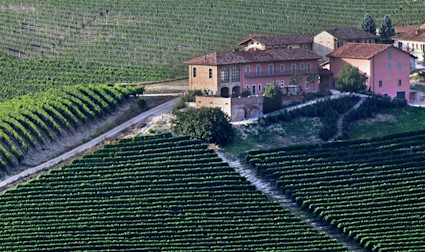 Das Gebäude mit dem gesamten Weinkeller von Prunotto unrundet von unzähligen Rebbergen im wunderschönen Piemont