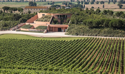 Rebbergen sowie das Hauptgebäude des Weinguts Le Mortelle in der Toskana welches ebenfalls zur Familiendynastie Antinori gehört