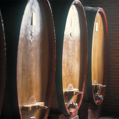 Grosse Holzfässer im Weinkeller von einem Produzenten von der Winzergenossenschaft Produttori del Barbaresco