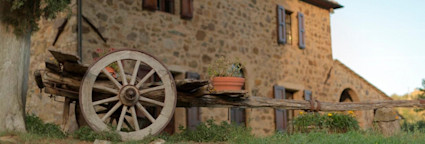Steinhaus mit einem Holzwagen davor auf dem Weingut Le Macioche