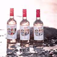 Moderne Weinflaschenetiketten auf der Weissweinflasche Riff