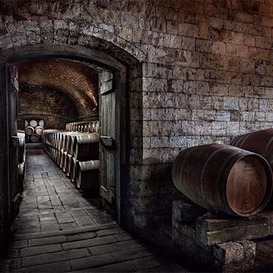 Barriquekeller hinter den alten Steinmauern des alten Benediktinerklosters in der Toskana