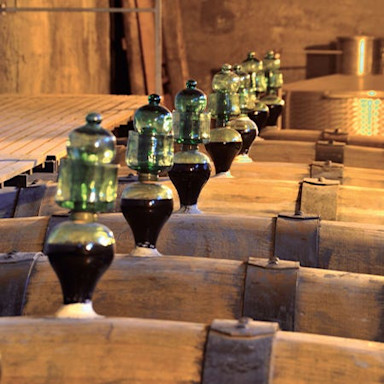 Barrique mit vergorenem Traubensaft im Weinkeller des Produzenten Rivera