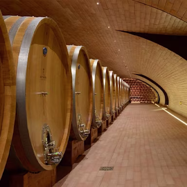 Weinfässer in den Kellereien von Pèppoli in der Toskana