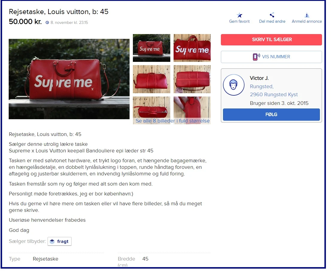 Her kan du se Victors DBA-annonce. Louis Vuitton og Supremes samarbejde blev allerede inden, kollektionen var præsenteret, kaldt for det vigtigste samarbejde, også kaldet for ’collab’ blandt især unge.