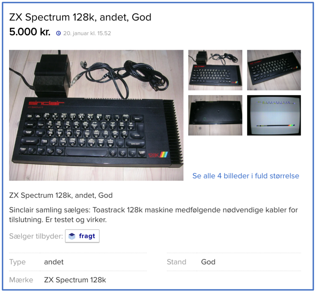 Det er Søren fra Brønderslev, der sælger denne ZX Spectrum på DBA for 5.000 kroner.