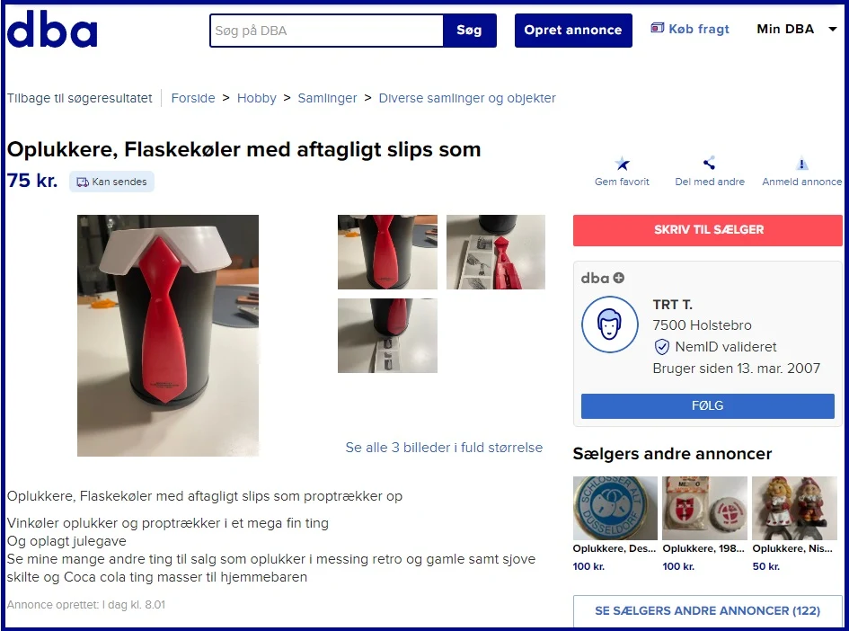 En unik øloplukker forklædt som slips sælges af en DBA-bruger fra Holstebro til 75 kroner