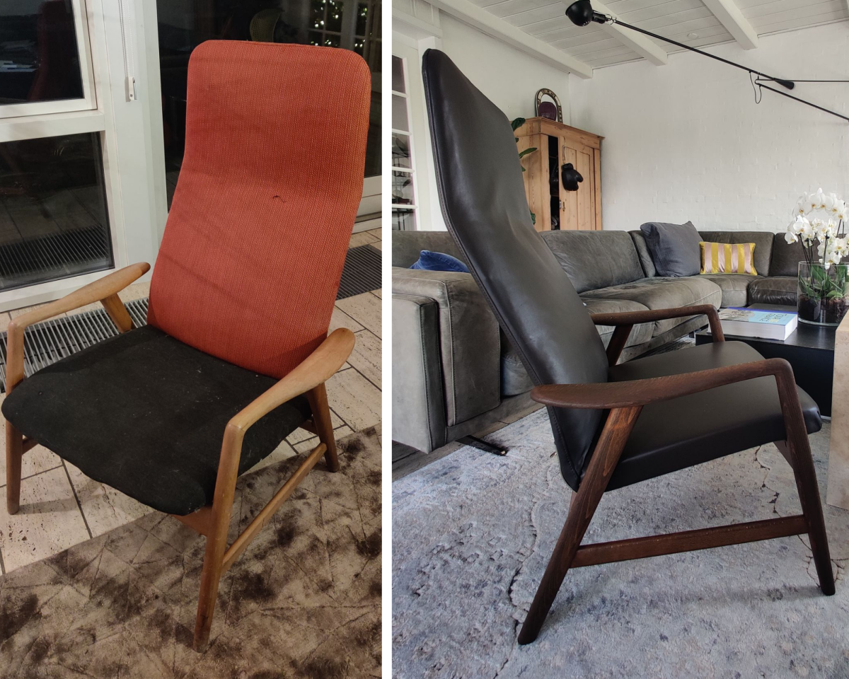 Stolen her er én af Trines yndlingsfund. Stolen hedder Conture og er en gammel Fritz Hansen stol fra 1960’erne, som er designet af Alf Svensson. Hun har givet 300 kroner for den i en Røde Kors-butik, og den er netop kommet hjem fra ompolstring. På billedet til venstre kan du se, hvordan stolen så ud, da Trine købte den. På billedet til højre ses stolen efter ompolstring.