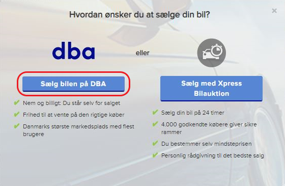 Det er knappen til venstre, her markeret med rød, som du skal trykke på, hvis du vil sælge din bil normalt på DBA.