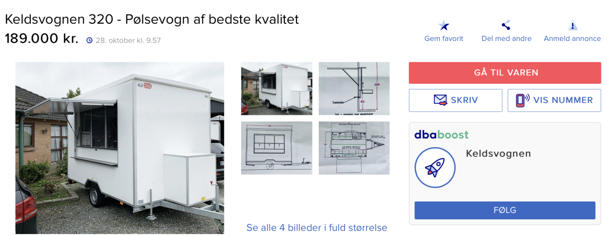 For 189.000 kroner kan du blive den heldige ejer af denne fine pølsevogn, som sælges med udstyr.