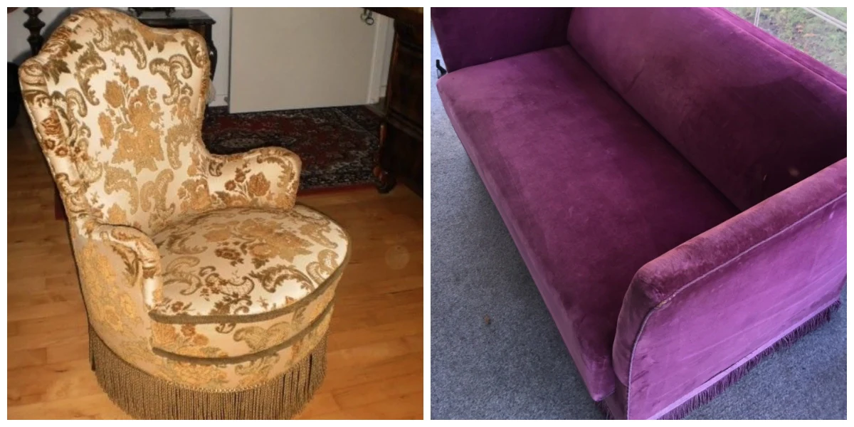 På billedet ses en velour-sofastol, som kan blive din, hvis du tager til Odense og køber den af Sten for hans forlangte 300 kroner. Samme pris forlanger Pernille fra byen Vadum for sin farveglade veloursofa