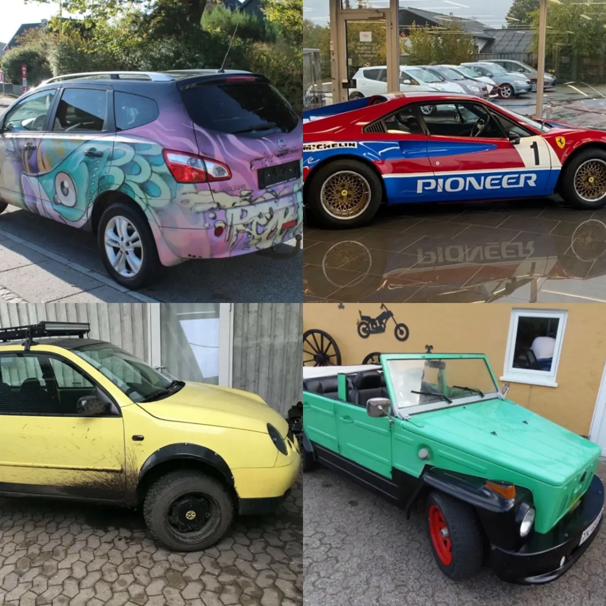 Graffiti med vilje, en Ferrari-undtagelse, en budget-offroader og en pimpet jagtvogn.