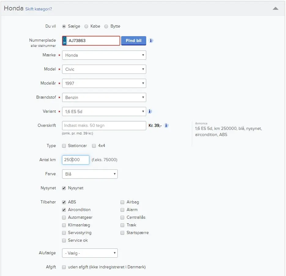 På denne side skriver du alle oplysningerne på den bil, du gerne vil sælge på DBA.