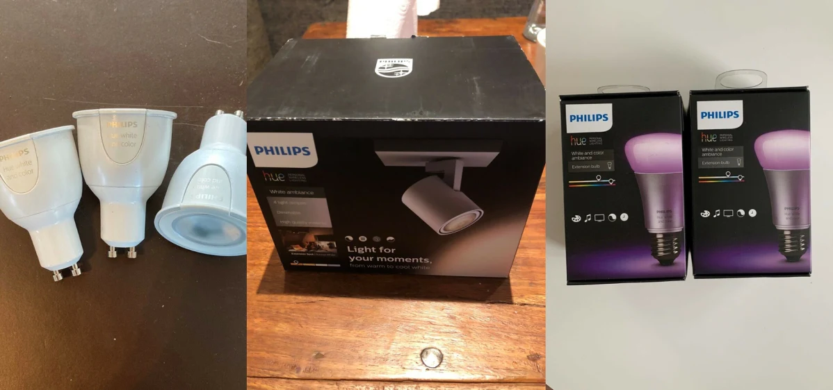 De fire LED, Philips Hue GU10 Color-pærer sælges som nye af Per fra København S. Han sælger dem for 250 kroner stykket. De seje spots fra Philips Hue er helt nye og aldrig brugte, og de koster 299 kroner hos Aga fra Smørum. Hun har også andre Philips Hue-ting til salg. De to pakker Philips HUE E27 White and color ambiance sælges, da to af familiens lamper ikke bruger E27-fatning, skriver Mohsen, som bor i Valby. Dem vil hun have 500 kroner for på DBA