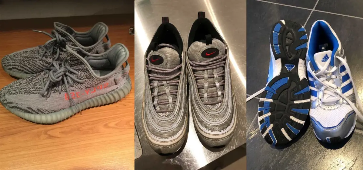 De eftertragtede sneakers i modellen Adidas Yeezy er en størrelse 42 og næsten som nye, skriver Jan fra Lyngby, der gerne vil have 1.000 kroner for dem. De sølvfarvede Nike Air Max 97 i model silver bullet, er en størrelse 41 og har nypris på 1.500 koner. Sofie fra Silkeborg krydser fingre for at få 400 kroner for dem. De blå Adidas løbesko er unisex og størrelse 37, skriver Lone fra Give. De er brugt et par gange og koster 50 kroner på DBA