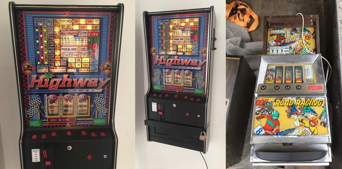 My way or the highway. En spilleautomat larmer lidt i indretningen, men på herreværelset kan du være ligeglad. Fra venstre kan du købe denne spillemaskine, der både kan bruges til spillemønter og almindelige mønter. Den virker, og Rasmus fra Aabybro skal have 3.500 kroner for den. Til højre ses en Road Racing spilleautomat til salg i Frederikshavn. Den har ikke været tilsluttet, der skal laves lidt på den, men den kan blive din for 2.500 kroner