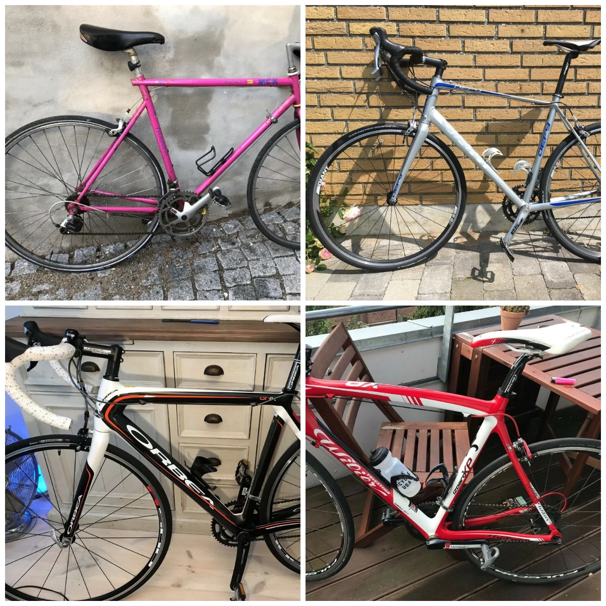 Her er fire racercykler, der er til salg på DBA. Den pinke cykel koster 1.300 kroner, og det er Mads fra Århus C, der har den til salg. Kristin fra Tranbjerg er vil have 4.000 kroner for sin cykel, som er den grå. 5.970 tager Karsten for sin cykel, der er den hvide og sorte. Den kan hentes i Valby. Den røde cykel koster vil Christian fra København N have 8.000 kroner for