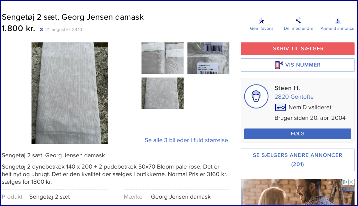 Du får disse to ubrugte sengesæt for kun 1.800 kroner, og kan du ikke selv hente dem hos Steen i Gentofte, bringer postvæsnet dem til en pakkeboks nær dig.