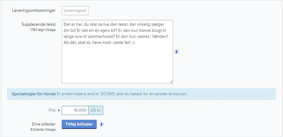 Når annonceteksten er skrevet, skal du selvfølgelig også have en pris på og have tilføjet et par billeder.