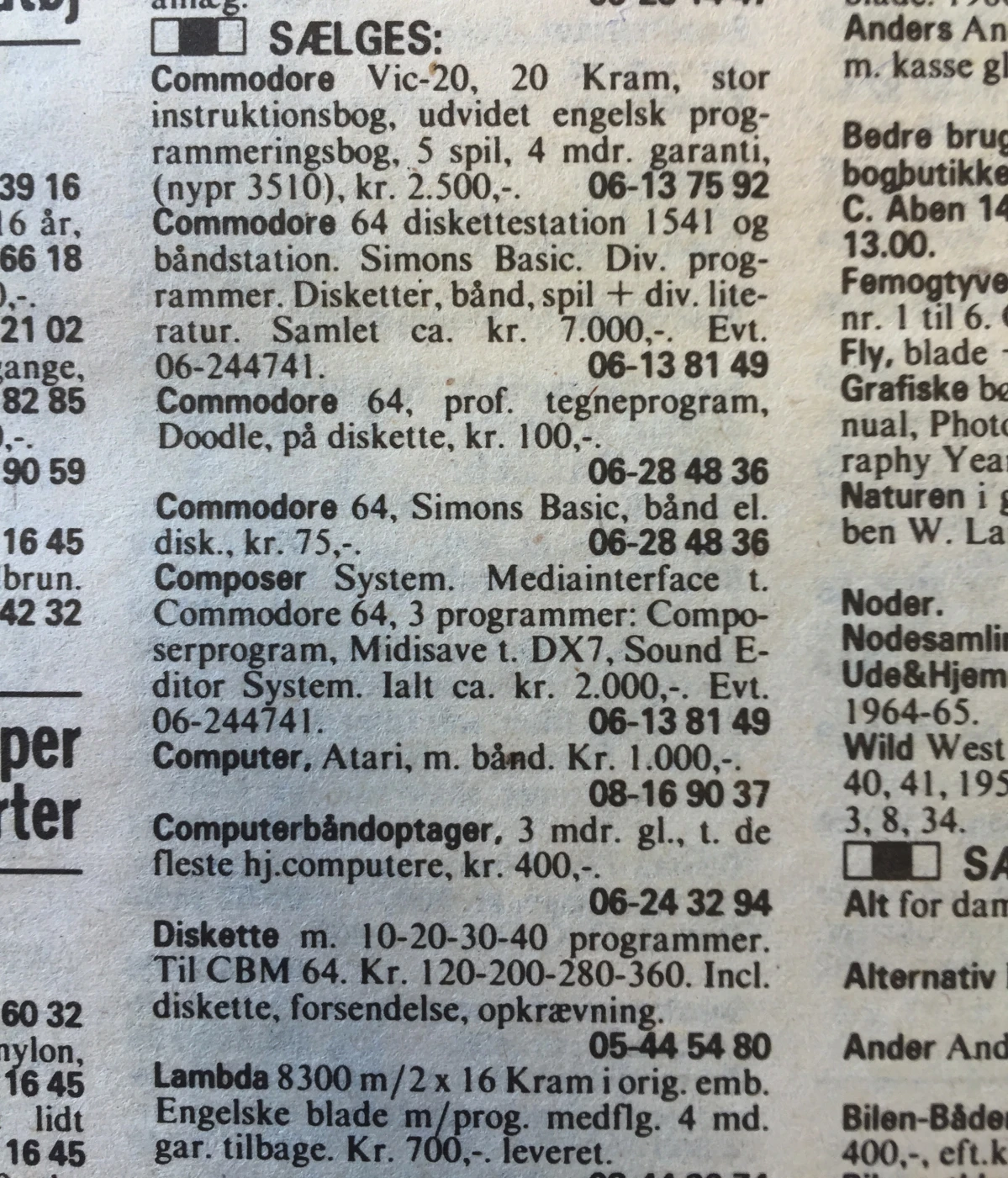 Annonce for en Commodore 64 i Den Blå Avis