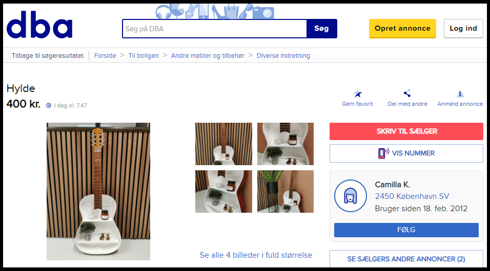 Nu tjener den gamle guitar et helt andet formål, og Camilla sælger den for 400 kroner på DBA.