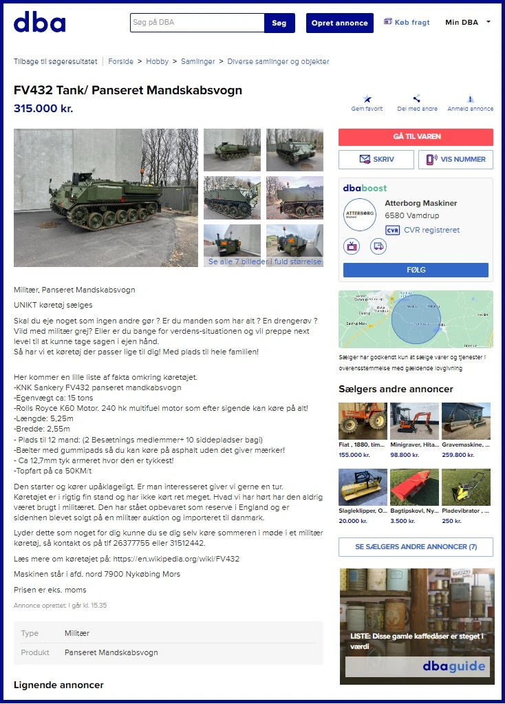 Hvis tanken stadig er til salg, kan du finde den via den her link-adresse: https://www.dba.dk/fv432-tank-panseret-mandsk/id-510304176/