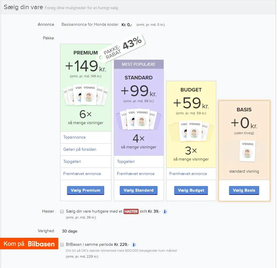 På denne side ser du et overblik over vores pakker. Husk at ingen er pakkerne er obligatoriske for oprettelse af din annonce.