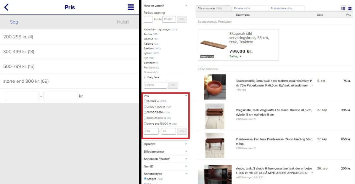 Vil du gerne finde et godt kup? Så slå prisfiltret til og find fund til små penge. På billedet til venstre kan du se, hvordan du kan søge i prisniveauer på appen, mens den røde firkant på billedet til højre markerer dér, hvor du pris-justerer på desktoppen
