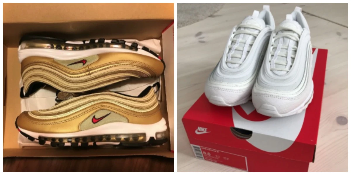 Nike Air Max 97 til salg på DBA. Sneakersne i guld er sat til salg for 1.600 på DBA, mens de hvide sælges for 2.200 kroner på DBA. Denne model kan du roligt investere i, hvis du ikke vil tabe alt for mange penge på at sælge dem videre. Læs mere under billedet