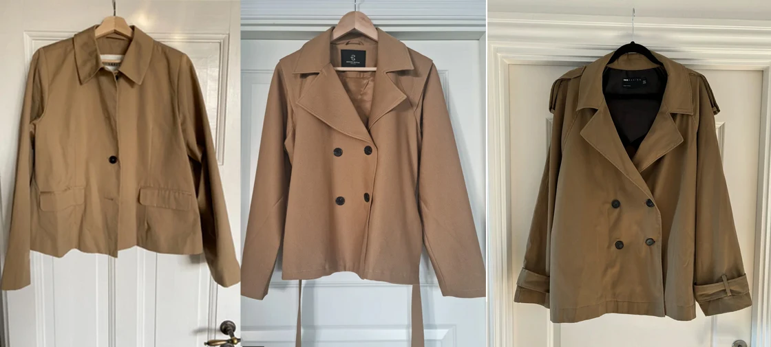 Tinne fra Grinsted sælger denne helt nye Bruuns Bazaar trenchcoat til 599 kroner. Britt fra Hellerup sælger en fin Skall Studio trenchcoat til 1.800 kroner, og Simone fra Kokkedal håber at få150 kroner for sin beige trenchcoat. 