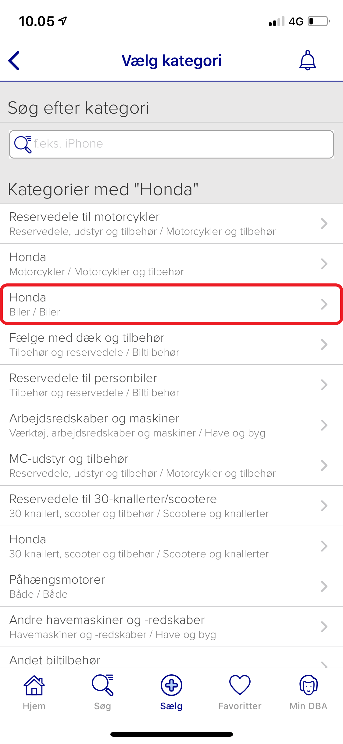 Hvis du skriver 'Honda', kommer disse kategorier frem. Vær opmærksom på, at du vælger fra kategorien 'Biler'.