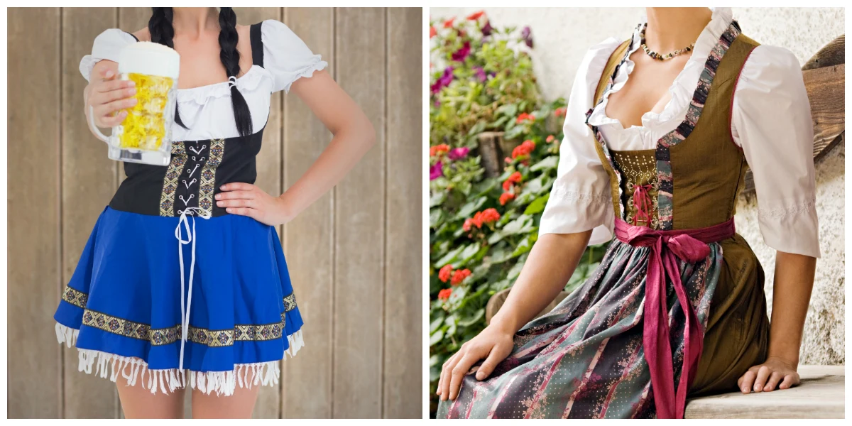 Til venstre ses et kostume i syntetisk materiale og lårkort længde. Til højre ses en autentisk Dirndl med sølv korsethægter og et skørt, der dækker knæerne. Foto: Depositphotos.com